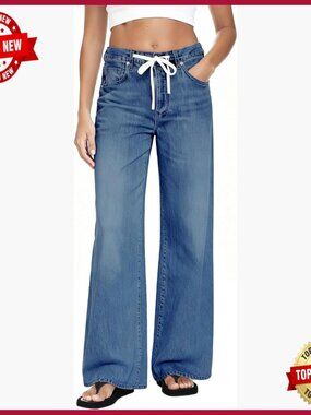 High Waist Wide Leg Jeans Stretchy Denim Drawstring Waist Trendy Baggy Fit